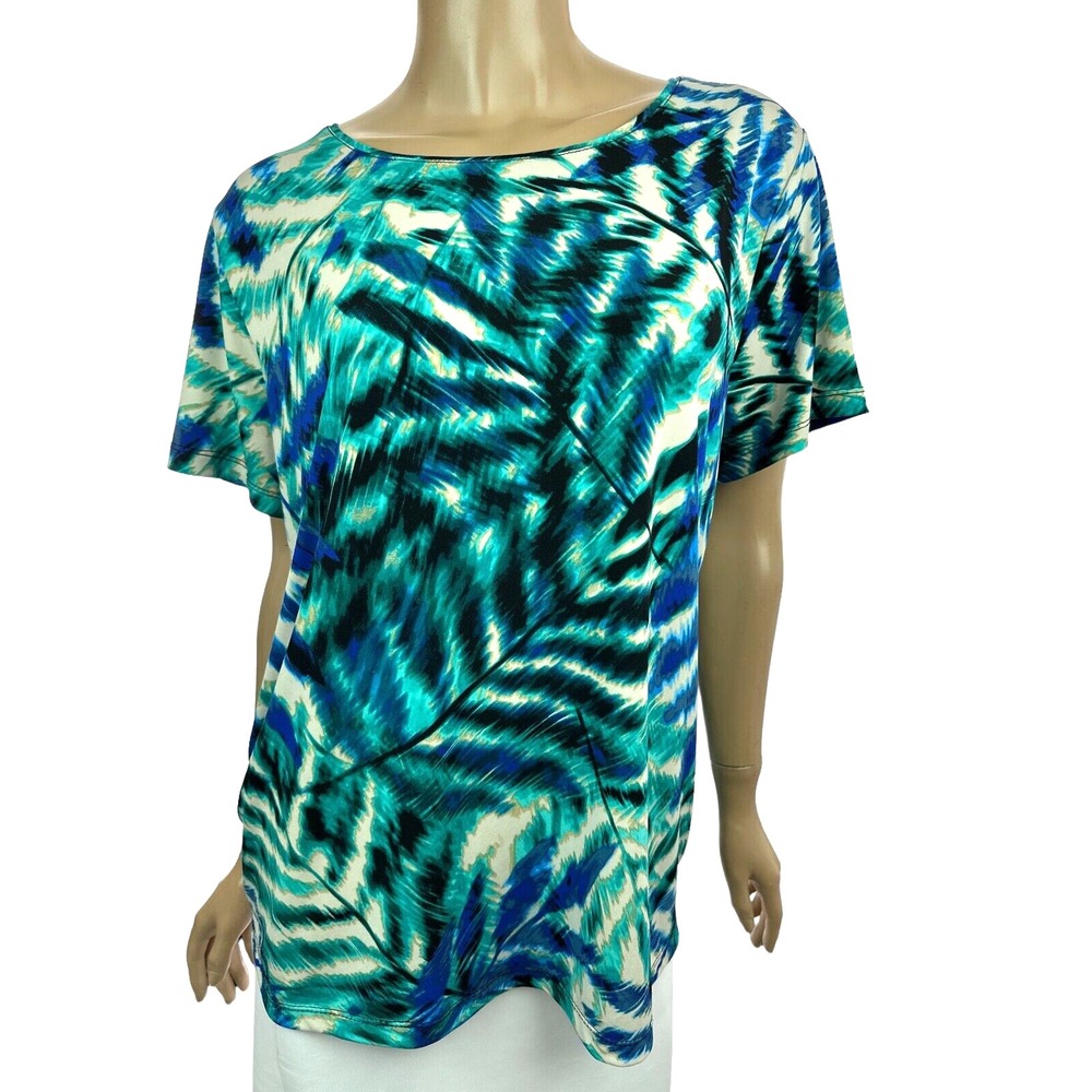 East 5th Pullover Top Size 1X Short Sleeve Blue Black Aqua Polyester & Spandex